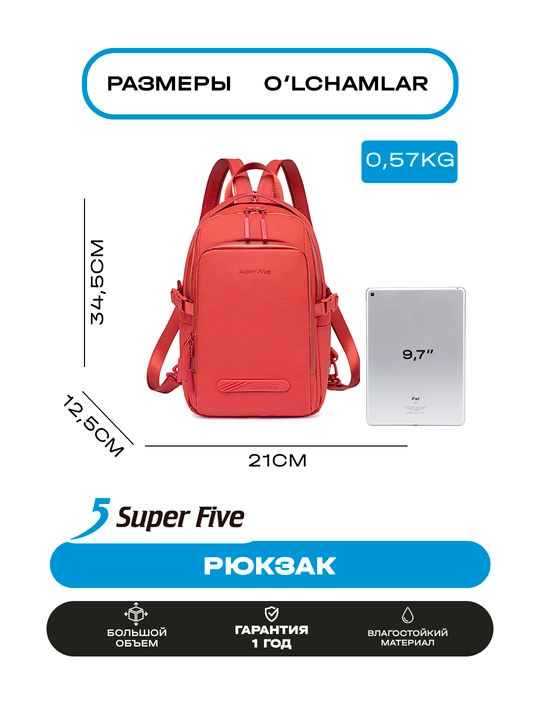 Super Five ryukzak suv o‘tkazmaydigan, shahar uchun, keng sig‘imli
