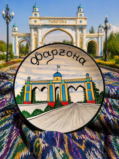 Сувенирное керамическое блюдо города Узбекистана — KARVON4-KARVONLAGANSHAXAR-БАГРОВ