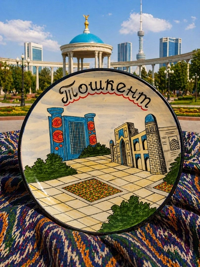Сувенирное керамическое блюдо города Узбекистана — KARVON4-KARVONLAGANSHAXAR-БЕЖЕВ