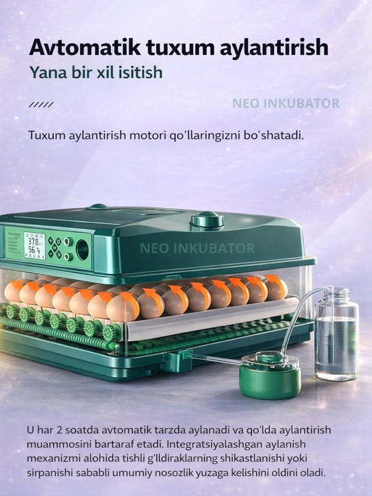 To'liq avtomatik inkubator, 12/24/36/64/100/128/200/300/400, 12V va 220V dan ishlaydi