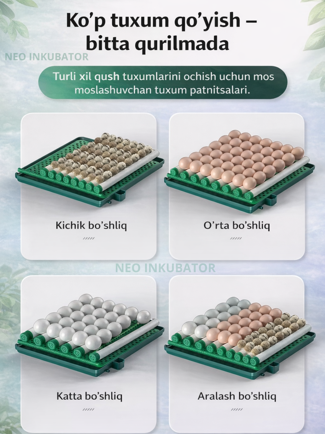 To'liq avtomatik inkubator, 12/24/36/64/100/128/200/300/400, 12V va 220V dan ishlaydi