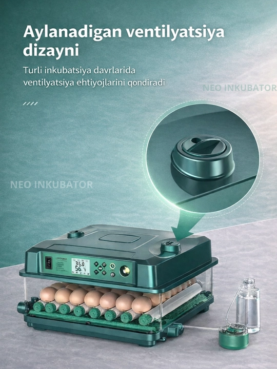 To'liq avtomatik inkubator, 12/24/36/64/100/128/200/300/400, 12V va 220V dan ishlaydi