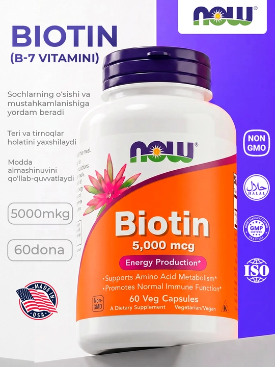 NOW Supplements, biotin 5000 mkg, aminokislotalar almashinuvi, 60 kapsulalar - 