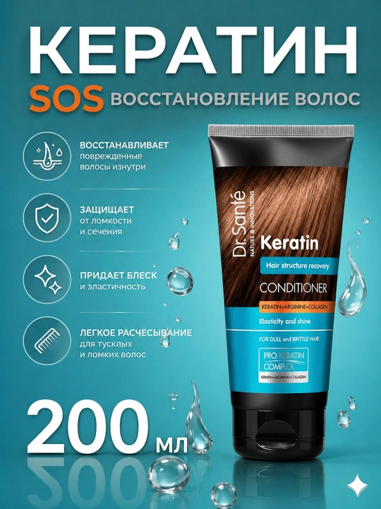 Sochlar uchun Dr.Sante Keratin balzami, xira va mo‘rt sochlar uchun, keratin+kollagen, 200 ml - 