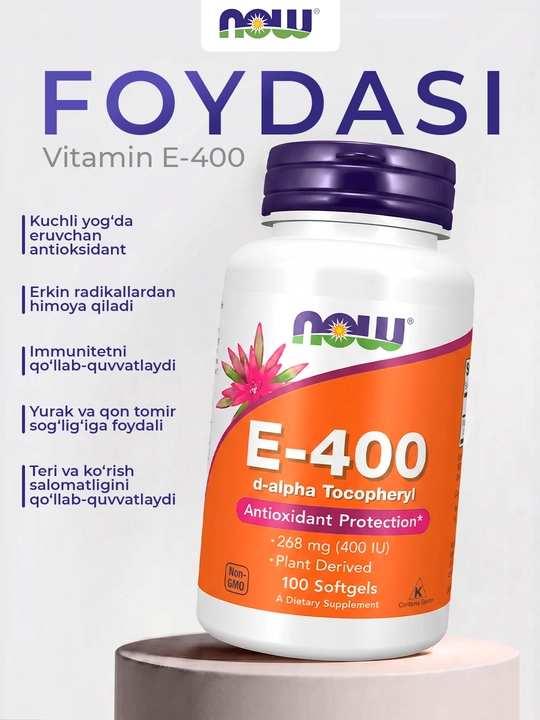 Vitamin E  NOW Foods, 400 ME, D-Alpha Tokoferil, 100 kapsula, Halol