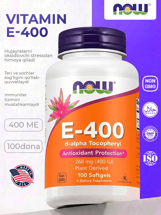 Vitamin E  NOW Foods, 400 ME, D-Alpha Tokoferil, 100 kapsula, Halol - 
