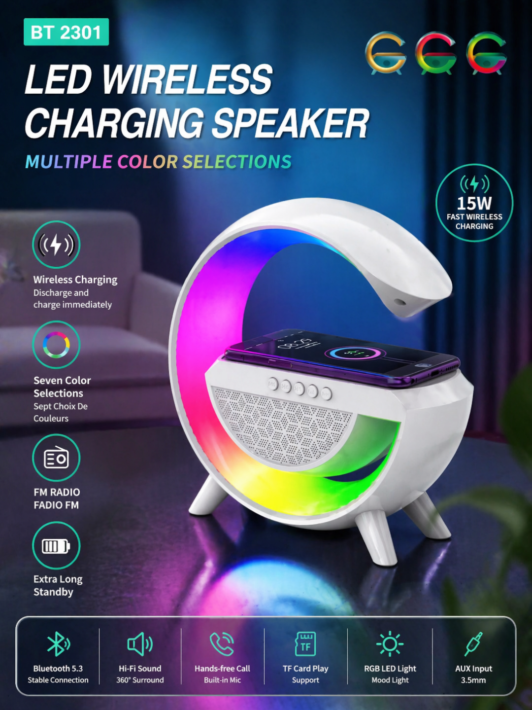 RGB LED Simsiz Zaryadli Bluetooth Kolonka Soatli va Lampali - 