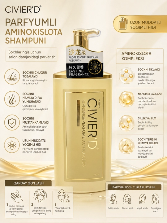 CIVIER’D namlovchi, hajm beruvchi va oziqlantiruvchi shampun, 750 ml
