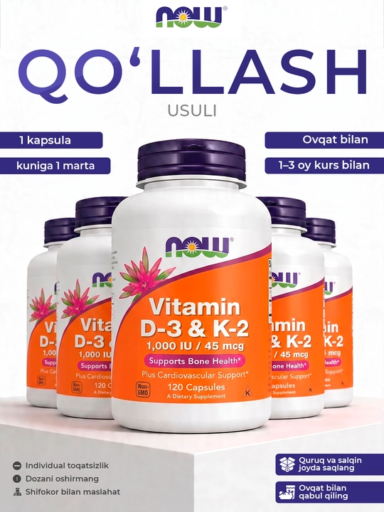 D3 + K2 NOW Foods vitaminlari - mustahkam suyaklar va sog'lom yurak uchun, 120 ta kapsula