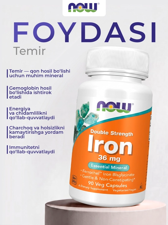Now Foods Iron temir 36 mg, 90 ta energiya va sog'liqni saqlash kapsulalari, Halol