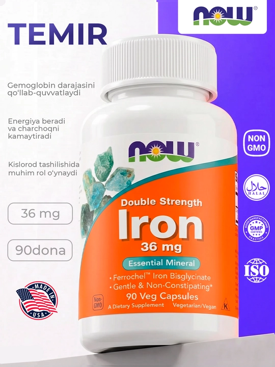 Now Foods Iron temir 36 mg, 90 ta energiya va sog'liqni saqlash kapsulalari, Halol - 