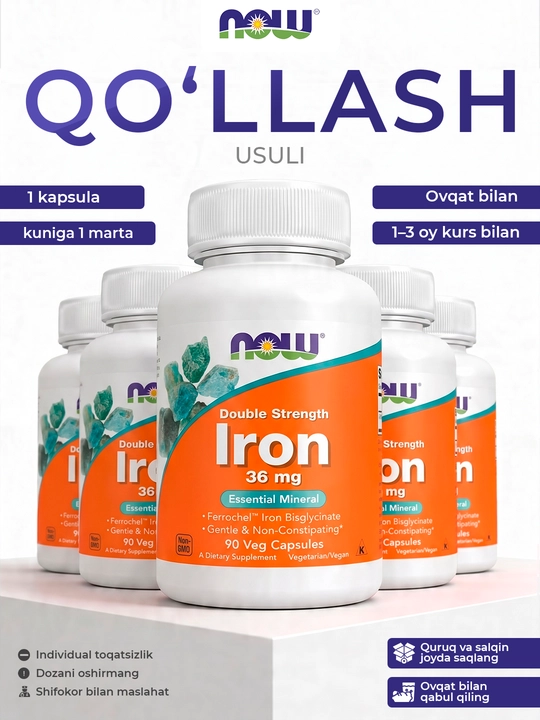 Now Foods Iron temir 36 mg, 90 ta energiya va sog'liqni saqlash kapsulalari, Halol