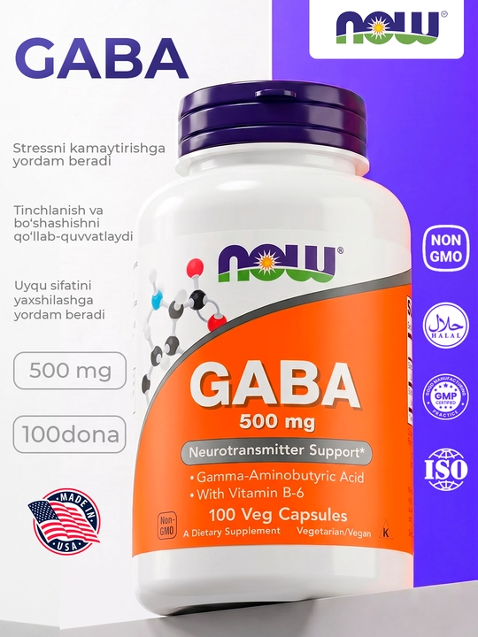 NOW FOODS, ГАБА, гамма-аминомасляная кислота, 500 мг + B-6 Витамин, Халяль - 