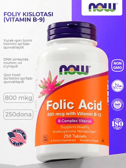 Foliy kislotasi NOW FOODS, 800 mkg, 250 tabletka, Halol - 