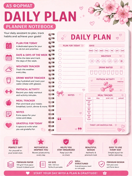 Блокнот для планирования “Daily Plan” – A5 (ежедневник / planner) на Английском языке