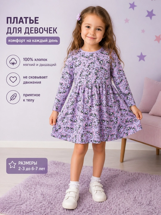 Qizlar uchun uzun yengli koylaklar, 100% paxta - 