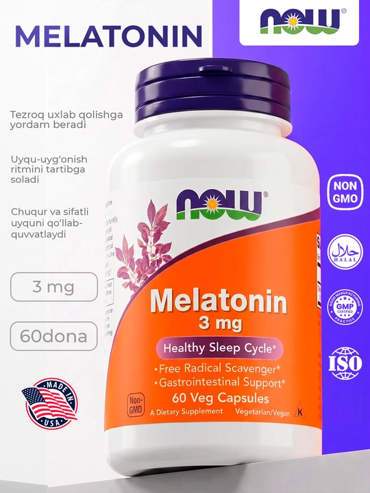 Мелатонин NOW FOODS Supplements, цикл здорового сна, 3 мг, 60 капсул, Халяль - 
