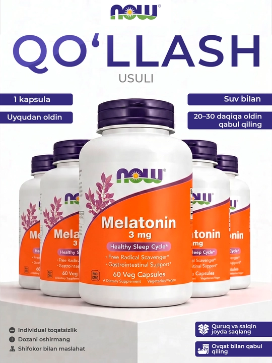Мелатонин NOW FOODS Supplements, цикл здорового сна, 3 мг, 60 капсул, Халяль