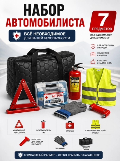 Комплект огнетушителя.Комплект 7 штук, необходимый в случае аварии, аптечка c сертификатом — AVTZPCH-APTECHKA-ЧЕРН