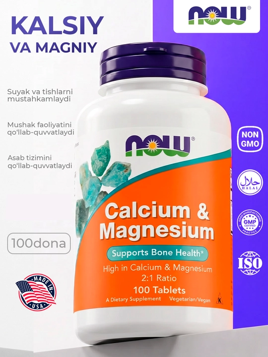Kalsiy va Magniy NOW Foods 500/250mg, 100 tabletka, Halol - 