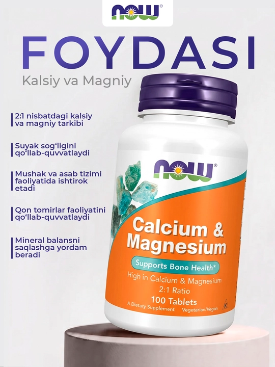 Kalsiy va Magniy NOW Foods 500/250mg, 100 tabletka, Halol