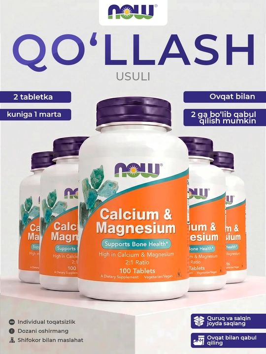 Kalsiy va Magniy NOW Foods 500/250mg, 100 tabletka, Halol
