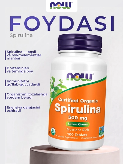 NOW Foods Organik spirulina 500 mg, 100 tabletka – tabiiy oziq moddalari manbai