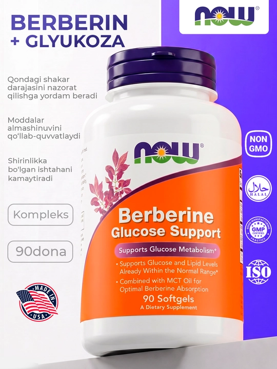 NOW Foods Berberin va Glyukoza, 90 kapsula – qand nazorati va metabolizm uchun - 