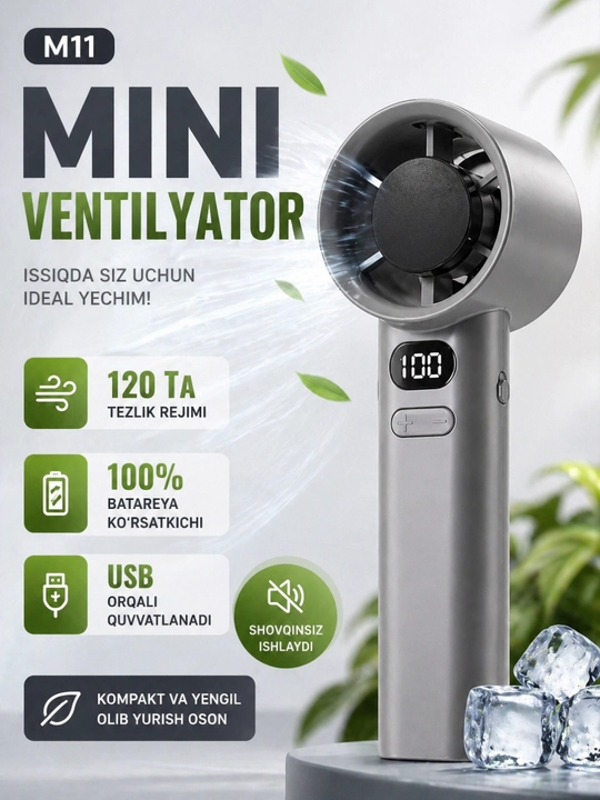 Мини вентилятор ручной USB, 2 скорости, LED подсветка, портативный вентилятор