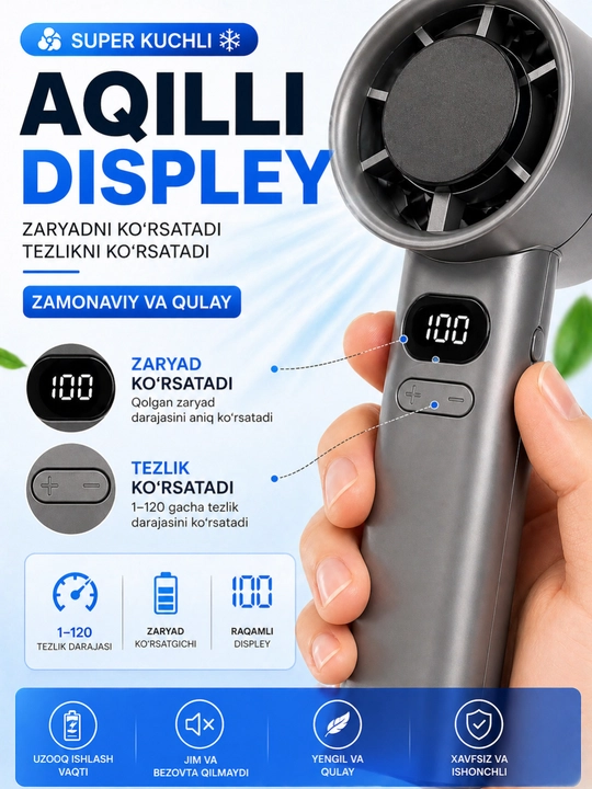 Мини вентилятор ручной USB, 2 скорости, LED подсветка, портативный вентилятор
