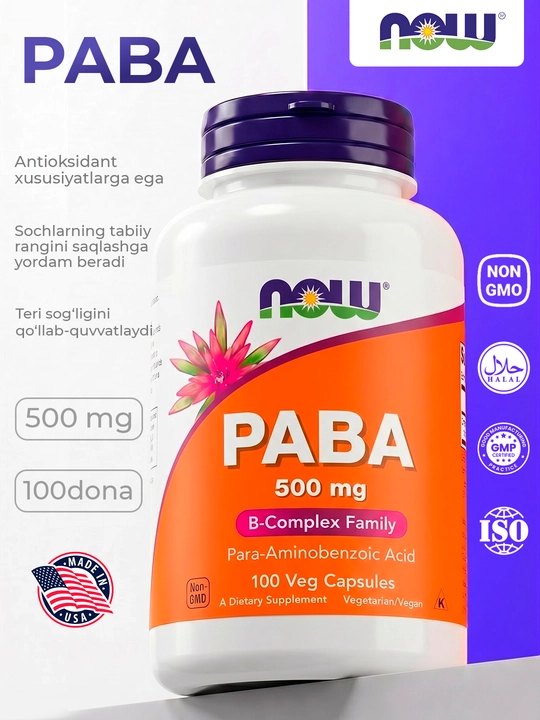 NOW Foods PABK 500 mg, 100 kapsula – teri, soch va hujayralarni qarishdan himoya qilish - 