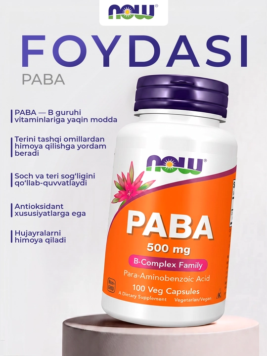 NOW Foods PABK 500 mg, 100 kapsula – teri, soch va hujayralarni qarishdan himoya qilish
