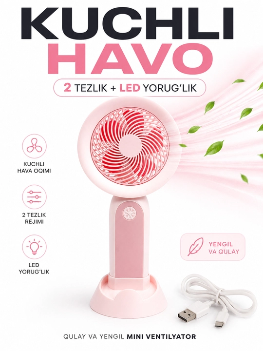 Mini ventilyator qo‘l uchun, USB zaryad, 2 tezlik, LED, ixcham va yengil fan