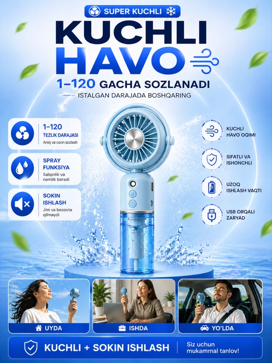 Mini ventilyator qo‘l uchun, USB zaryad, 2 tezlik, LED, ixcham va yengil fan - 