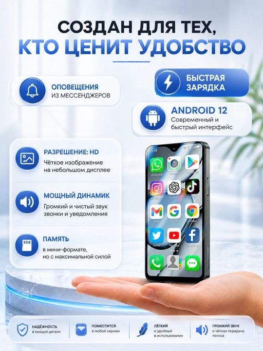 Mini smartfon, sensorli telefon, Android 12, xotirasi 2/16 Gb