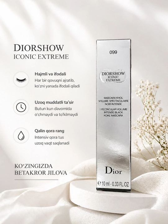 Dior Diorshow Iconic Extreme kipriklar uchun tush, 099 Intense Black, 10 ml