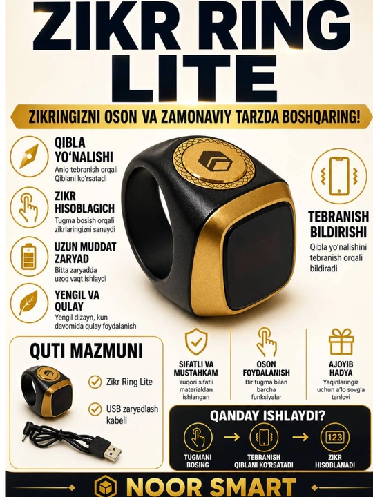Aqlli - uzuk zikr uchun, elektron tasbeh Zikr Ring Lite IQIBLA UMEOX - 