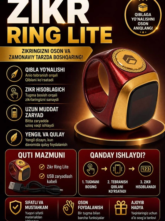 Aqlli - uzuk zikr uchun, elektron tasbeh Zikr Ring Lite IQIBLA UMEOX - 