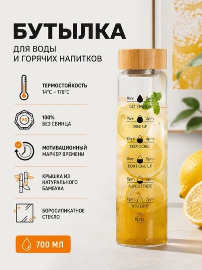 Бутылка для воды из боросиликатного стекла с бамбуковой крышкой