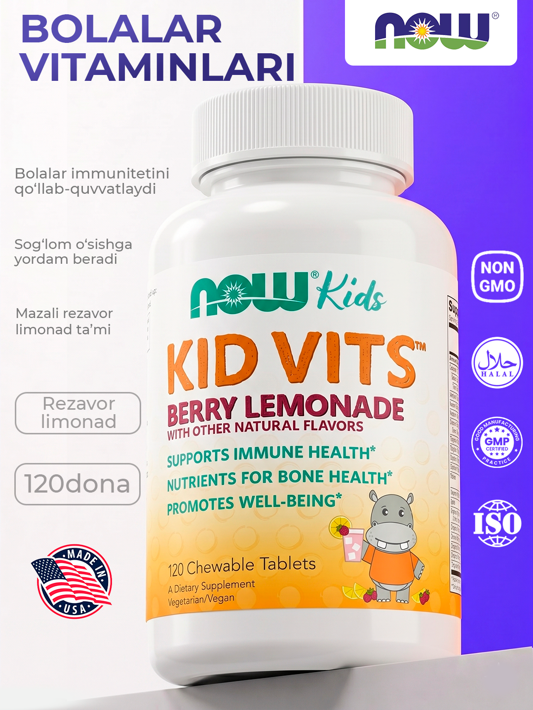 NOW Foods Bolalar multivitamini, limonad ta’mi, 120 ta tabletka - o‘sish uchun vitaminlar - 