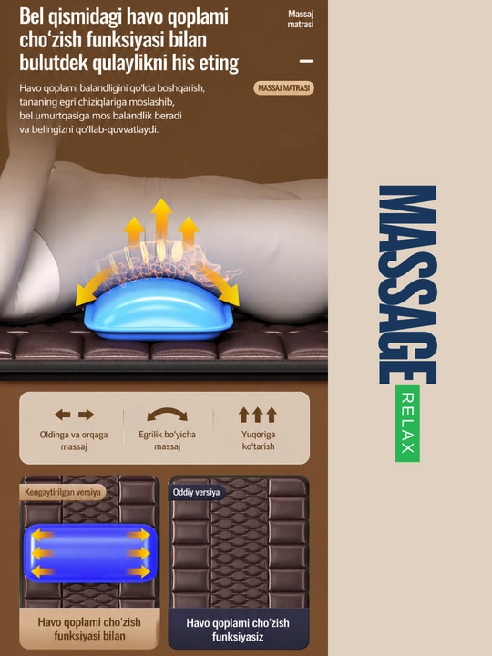 Premium massaj matras 5/1 – to‘liq tana massaji, isitish va havo yostiqchali