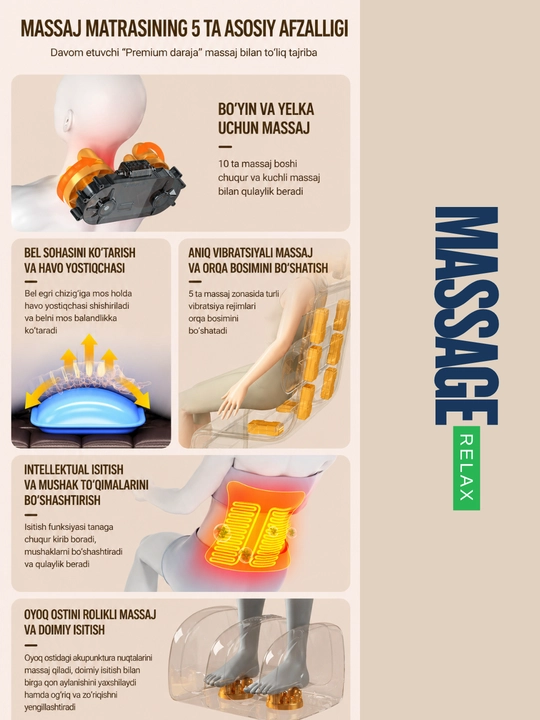 Premium massaj matras 5/1 – to‘liq tana massaji, isitish va havo yostiqchali