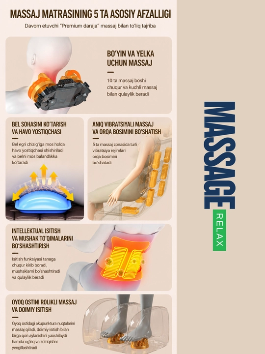 Premium massaj matras 5/1 – to‘liq tana massaji, isitish va havo yostiqchali