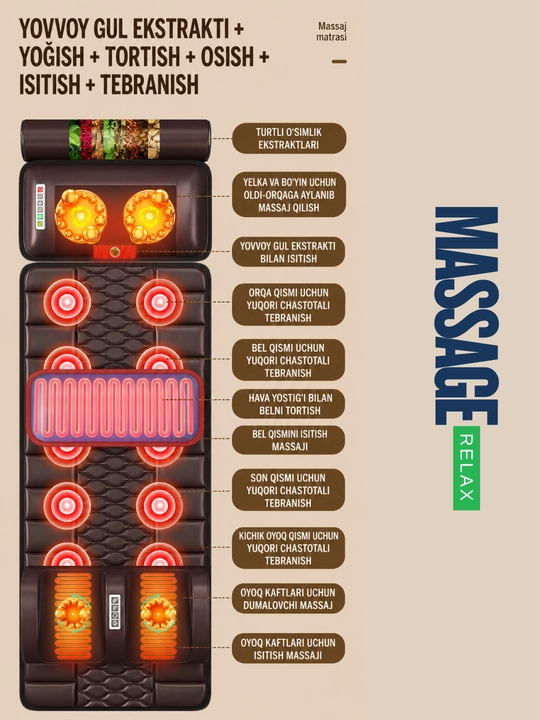 Premium massaj matras 5/1 – to‘liq tana massaji, isitish va havo yostiqchali