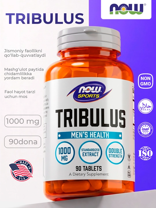 NOW Foods Tribulus 1000 mg, 90 tabletka — energiya va chidamlilik uchun - 