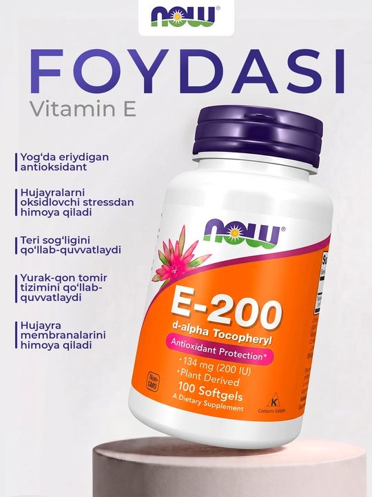 NOW Foods Vitamin E 200 ME, 100 softgel — antioksidant va teri salomatligi uchun