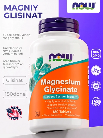 NOW Foods Magniy glitsinat, tinchlik va quvvat manbai, 180 tabletka - 