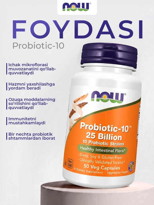 Probiotik NOW Foods Probiotic-10, 25 mlrd, 50 kapsula – ichaklar salomatligi