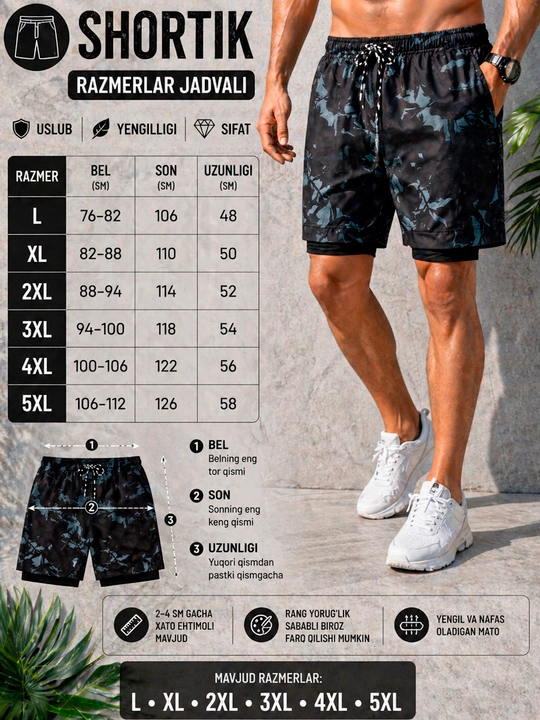 Mashg‘ulotlar, yugurish va fitnes mashg‘ulotlari uchun ikki qavatli erkaklar shortilari