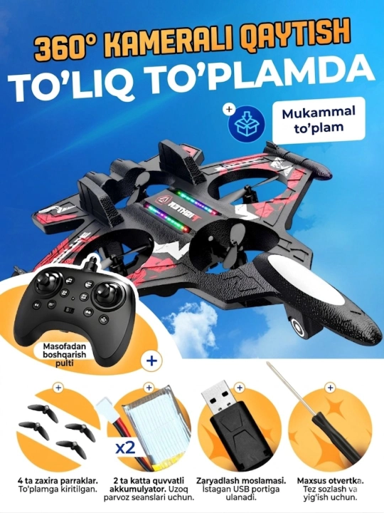 Самолет-дрон радиоуправляемый Fighter с 360° трюками и яркой RGB-подсветкой - 